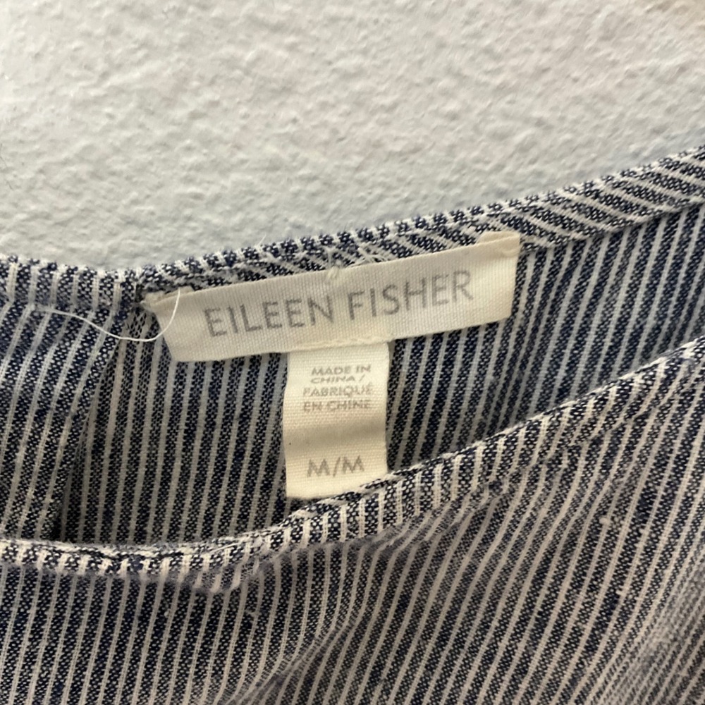 Eileen Fisher Hemp Cotton Pinstripe Shift Dress Pockets Blue White Size Medium - Picture 4 of 6